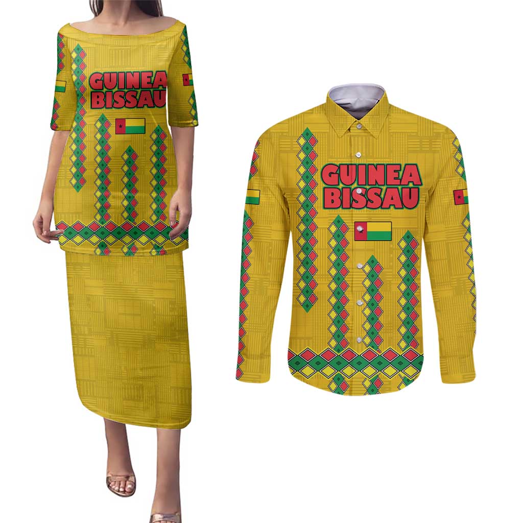Guinea Bissau Couples Matching Puletasi and Long Sleeve Button Shirt with Yellow Tribal Geometric Design and National Flag - Wonder Print Shop