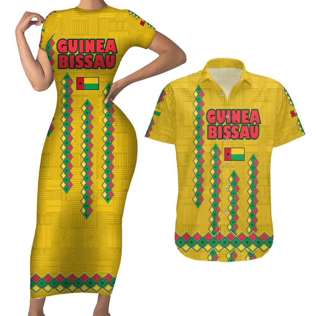 Guinea Bissau Couples Matching Short Sleeve Bodycon Dress and Hawaiian Shirt with Yellow Tribal Geometric Design and National Flag - Wonder Print Shop
