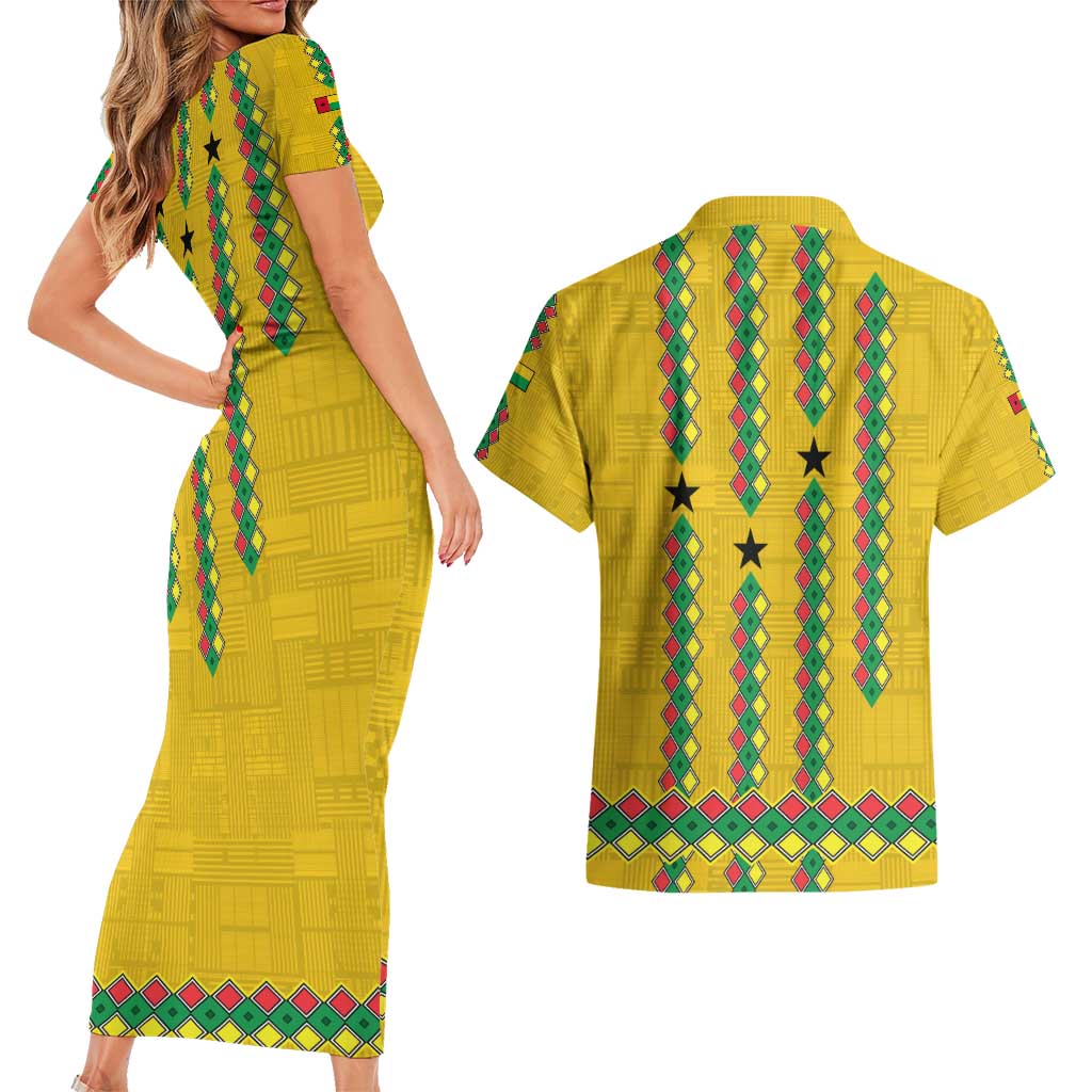 Guinea Bissau Couples Matching Short Sleeve Bodycon Dress and Hawaiian Shirt with Yellow Tribal Geometric Design and National Flag - Wonder Print Shop