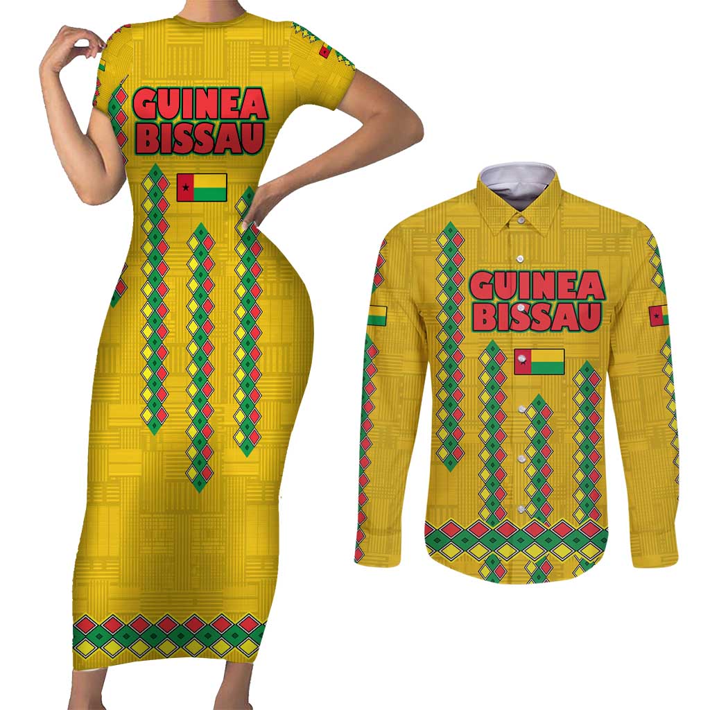 Guinea Bissau Couples Matching Short Sleeve Bodycon Dress and Long Sleeve Button Shirt with Yellow Tribal Geometric Design and National Flag - Wonder Print Shop