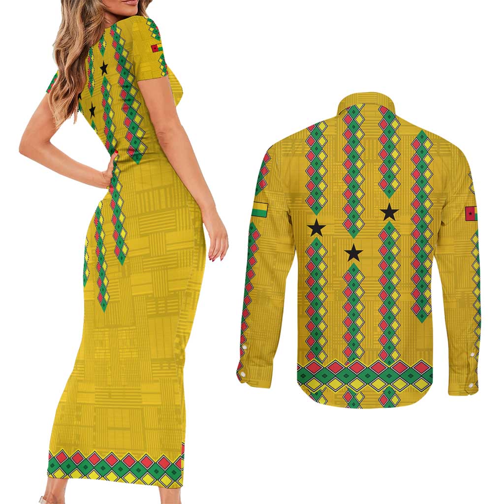 Guinea Bissau Couples Matching Short Sleeve Bodycon Dress and Long Sleeve Button Shirt with Yellow Tribal Geometric Design and National Flag - Wonder Print Shop
