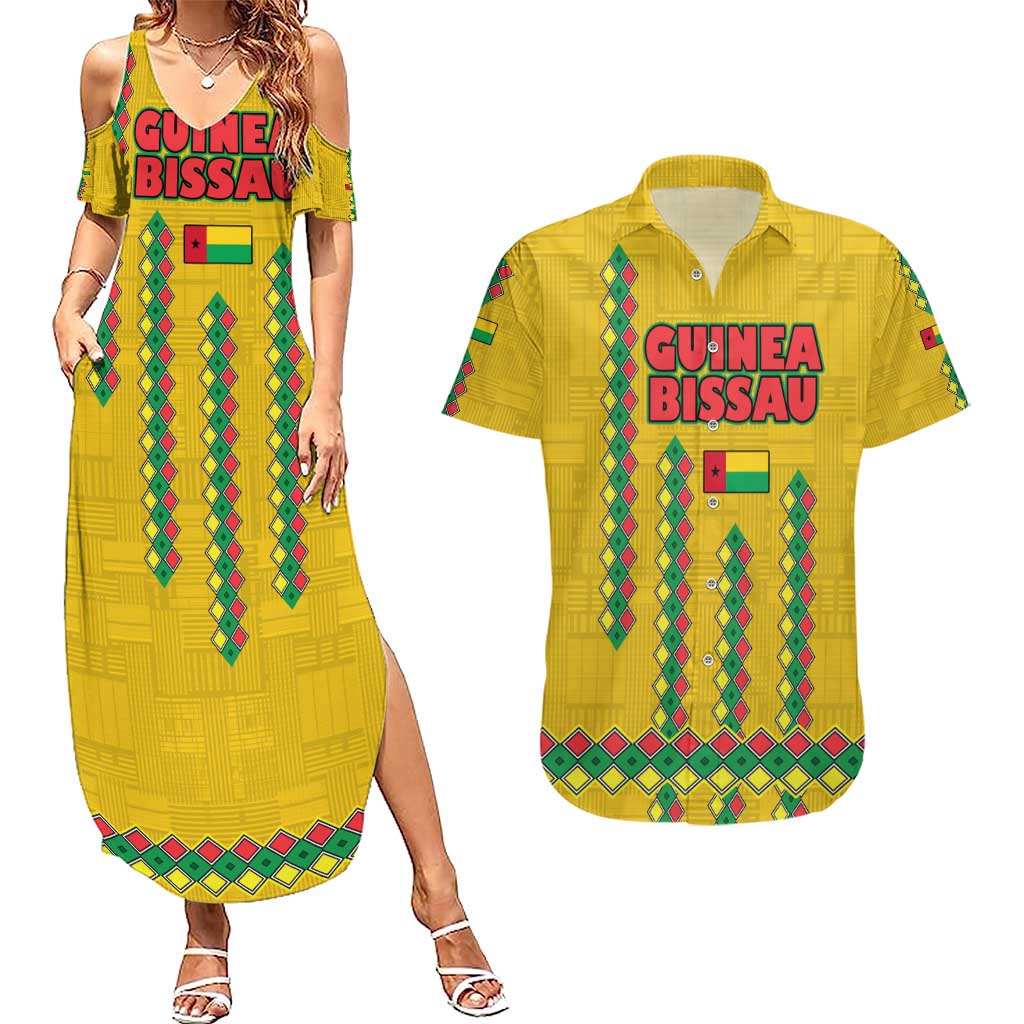 Guinea Bissau Couples Matching Summer Maxi Dress and Hawaiian Shirt with Yellow Tribal Geometric Design and National Flag - Wonder Print Shop