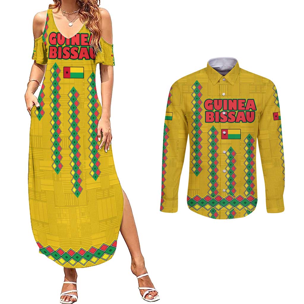 Guinea Bissau Couples Matching Summer Maxi Dress and Long Sleeve Button Shirt with Yellow Tribal Geometric Design and National Flag - Wonder Print Shop