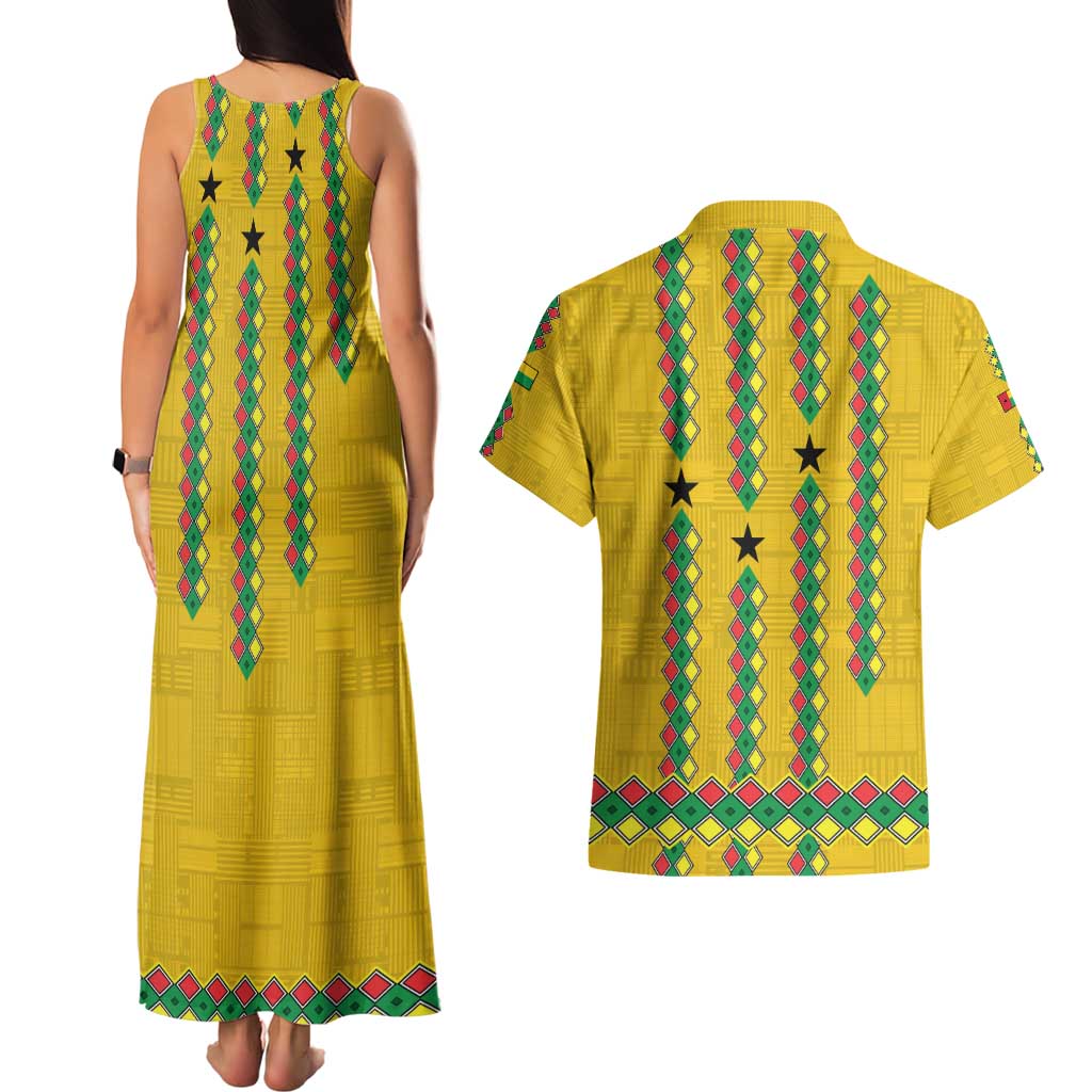 Guinea Bissau Couples Matching Tank Maxi Dress and Hawaiian Shirt with Yellow Tribal Geometric Design and National Flag - Wonder Print Shop