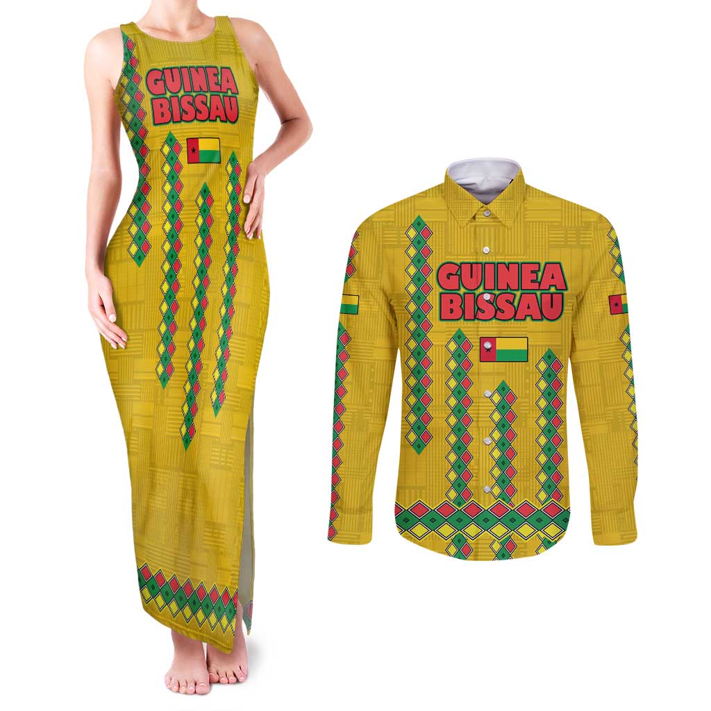 Guinea Bissau Couples Matching Tank Maxi Dress and Long Sleeve Button Shirt with Yellow Tribal Geometric Design and National Flag - Wonder Print Shop