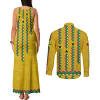 Guinea Bissau Couples Matching Tank Maxi Dress and Long Sleeve Button Shirt with Yellow Tribal Geometric Design and National Flag - Wonder Print Shop