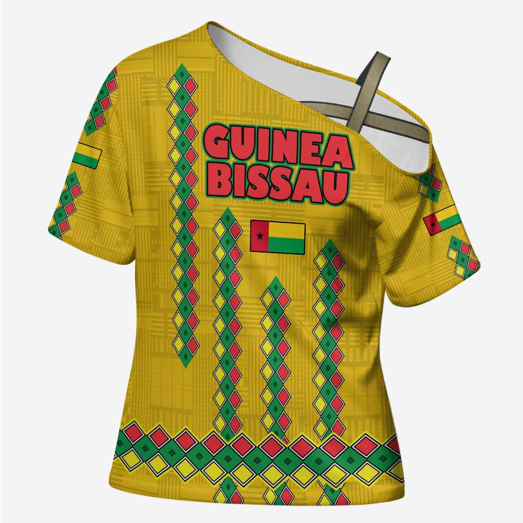 Guinea Bissau Cross Shoulder Shirt with Yellow Tribal Geometric Design and National Flag - Wonder Print Shop