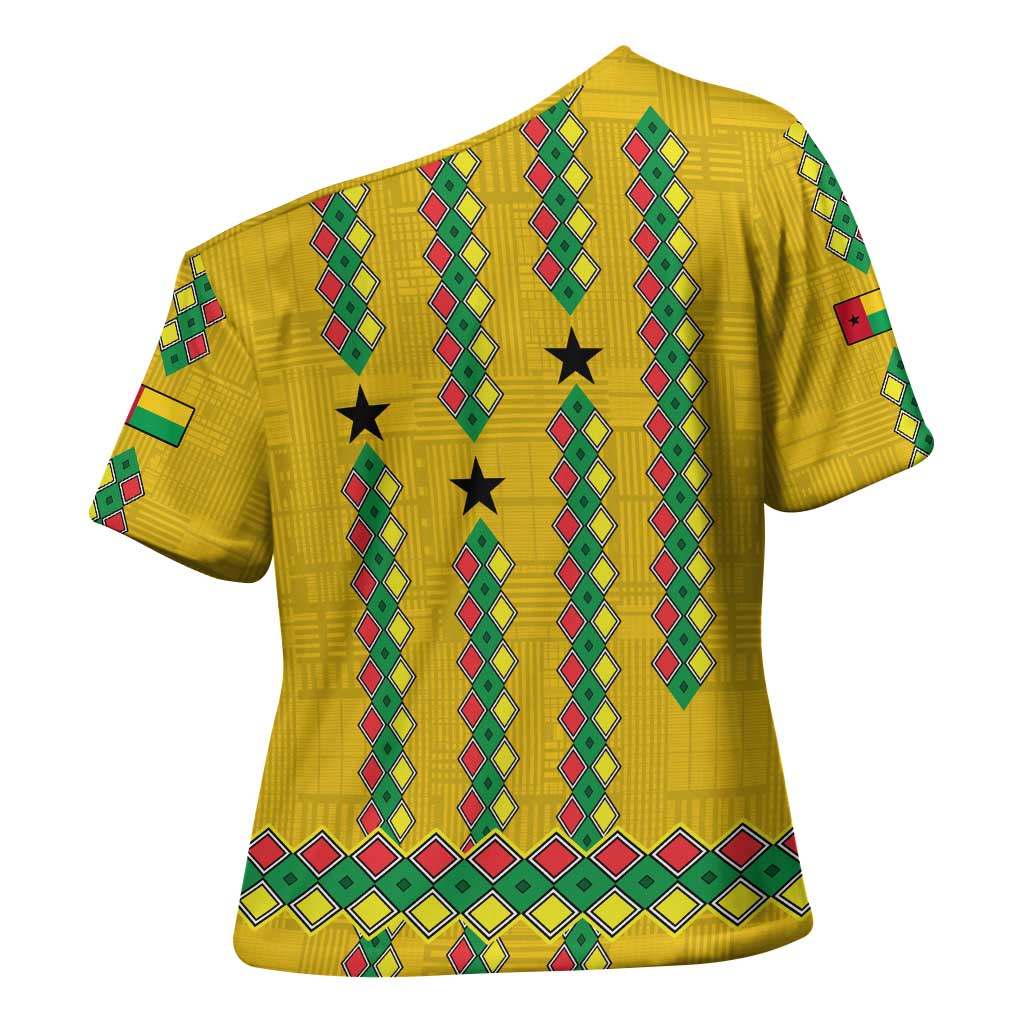 Guinea Bissau Cross Shoulder Shirt with Yellow Tribal Geometric Design and National Flag - Wonder Print Shop