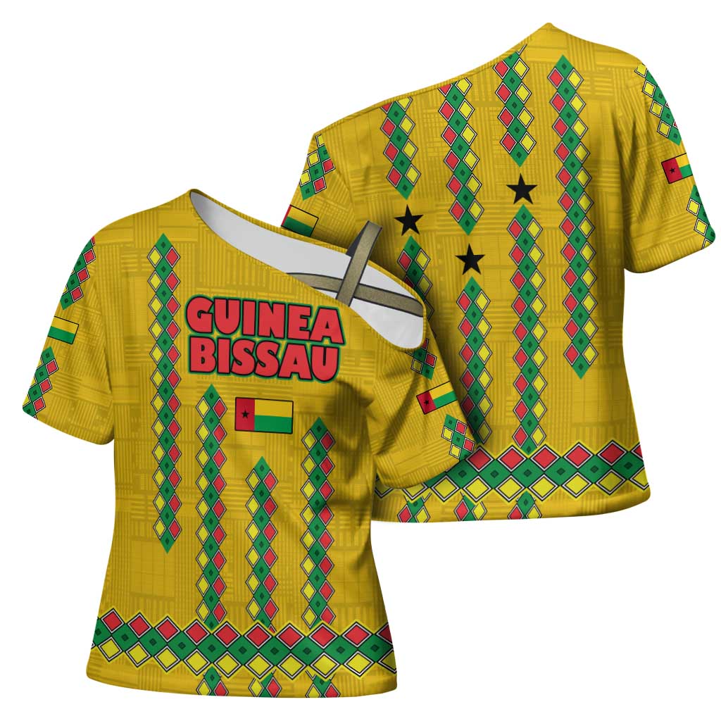 Guinea Bissau Cross Shoulder Shirt with Yellow Tribal Geometric Design and National Flag - Wonder Print Shop