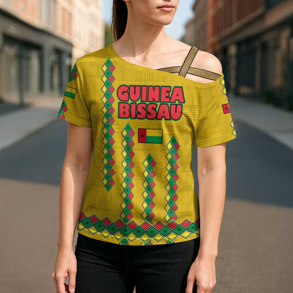 Guinea Bissau Cross Shoulder Shirt with Yellow Tribal Geometric Design and National Flag - Wonder Print Shop