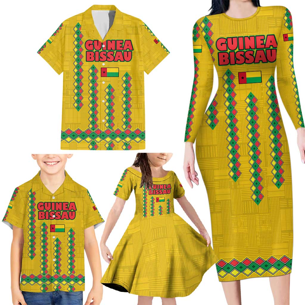 Guinea Bissau Family Matching Long Sleeve Bodycon Dress and Hawaiian Shirt with Yellow Tribal Geometric Design and National Flag - Wonder Print Shop