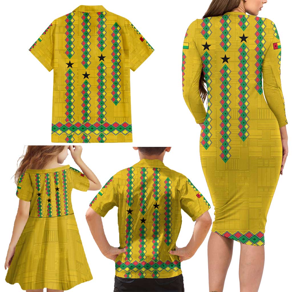 Guinea Bissau Family Matching Long Sleeve Bodycon Dress and Hawaiian Shirt with Yellow Tribal Geometric Design and National Flag - Wonder Print Shop