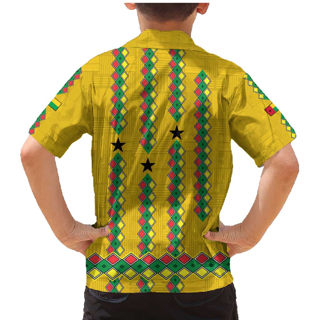 Guinea Bissau Family Matching Mermaid Dress and Hawaiian Shirt with Yellow Tribal Geometric Design and National Flag - Wonder Print Shop