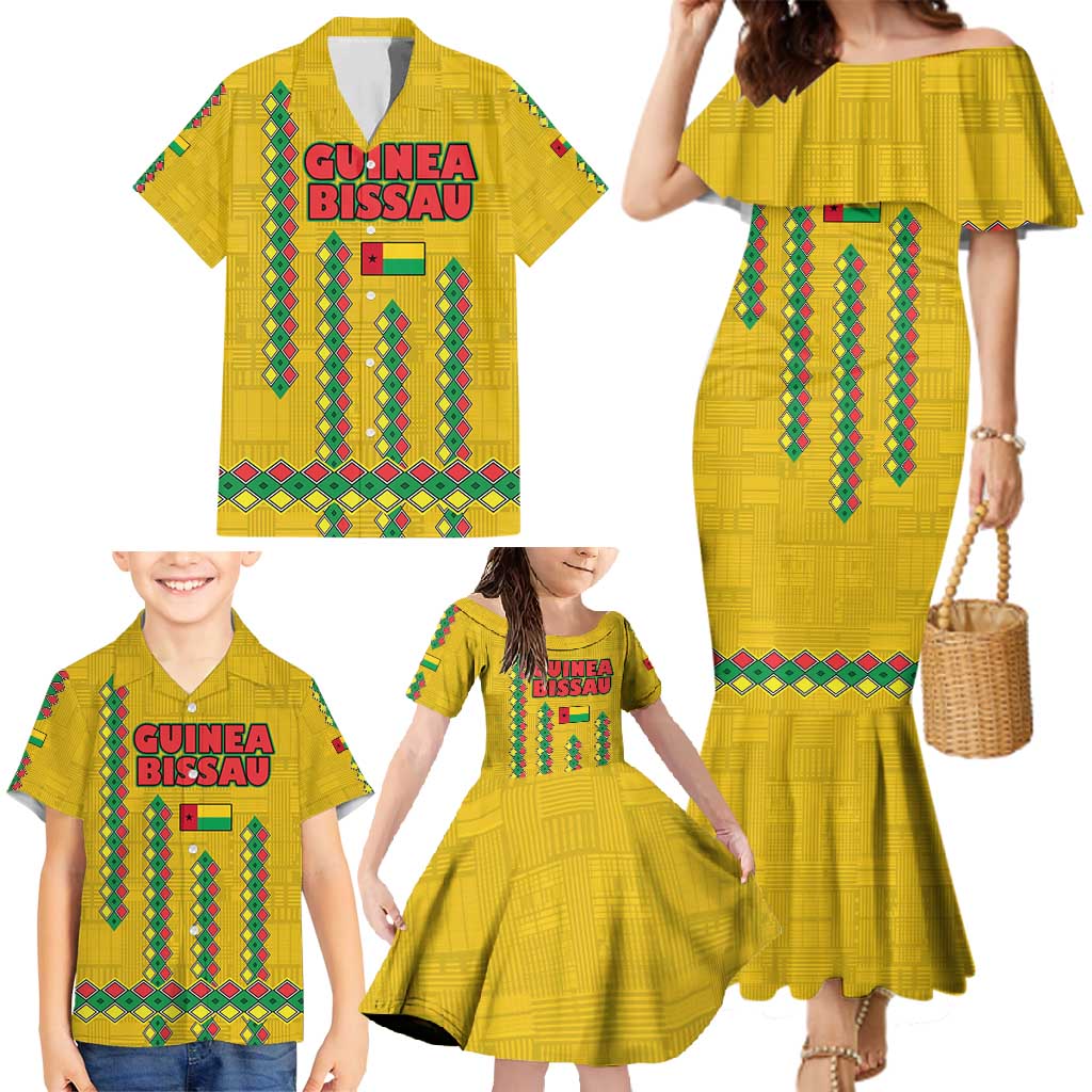 Guinea Bissau Family Matching Mermaid Dress and Hawaiian Shirt with Yellow Tribal Geometric Design and National Flag - Wonder Print Shop