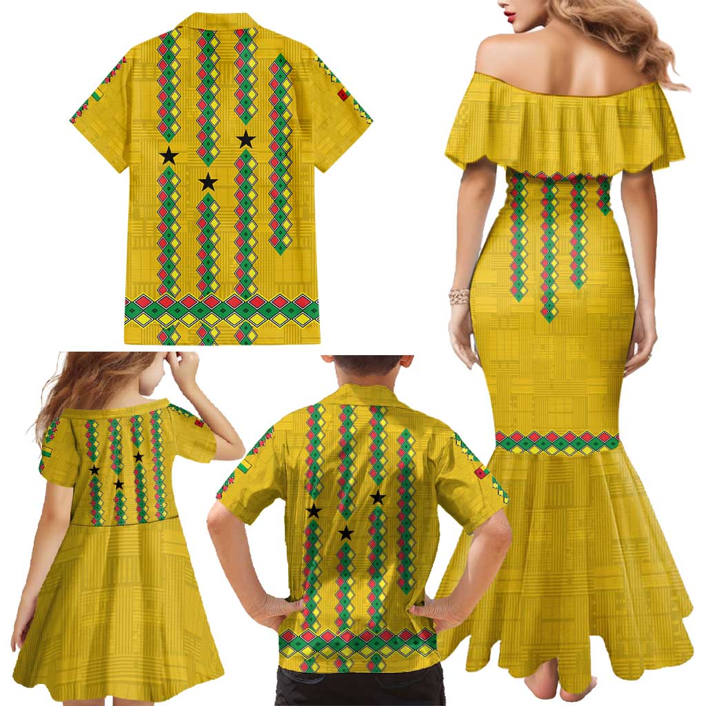 Guinea Bissau Family Matching Mermaid Dress and Hawaiian Shirt with Yellow Tribal Geometric Design and National Flag - Wonder Print Shop