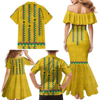 Guinea Bissau Family Matching Mermaid Dress and Hawaiian Shirt with Yellow Tribal Geometric Design and National Flag - Wonder Print Shop