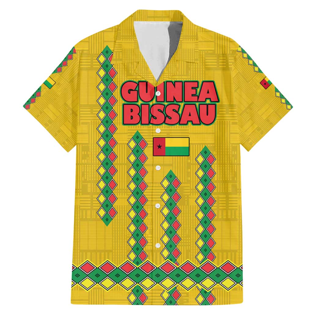 Guinea Bissau Family Matching Mermaid Dress and Hawaiian Shirt with Yellow Tribal Geometric Design and National Flag - Wonder Print Shop