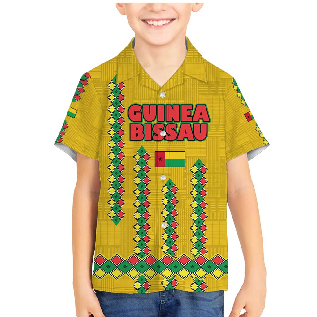 Guinea Bissau Family Matching Mermaid Dress and Hawaiian Shirt with Yellow Tribal Geometric Design and National Flag - Wonder Print Shop