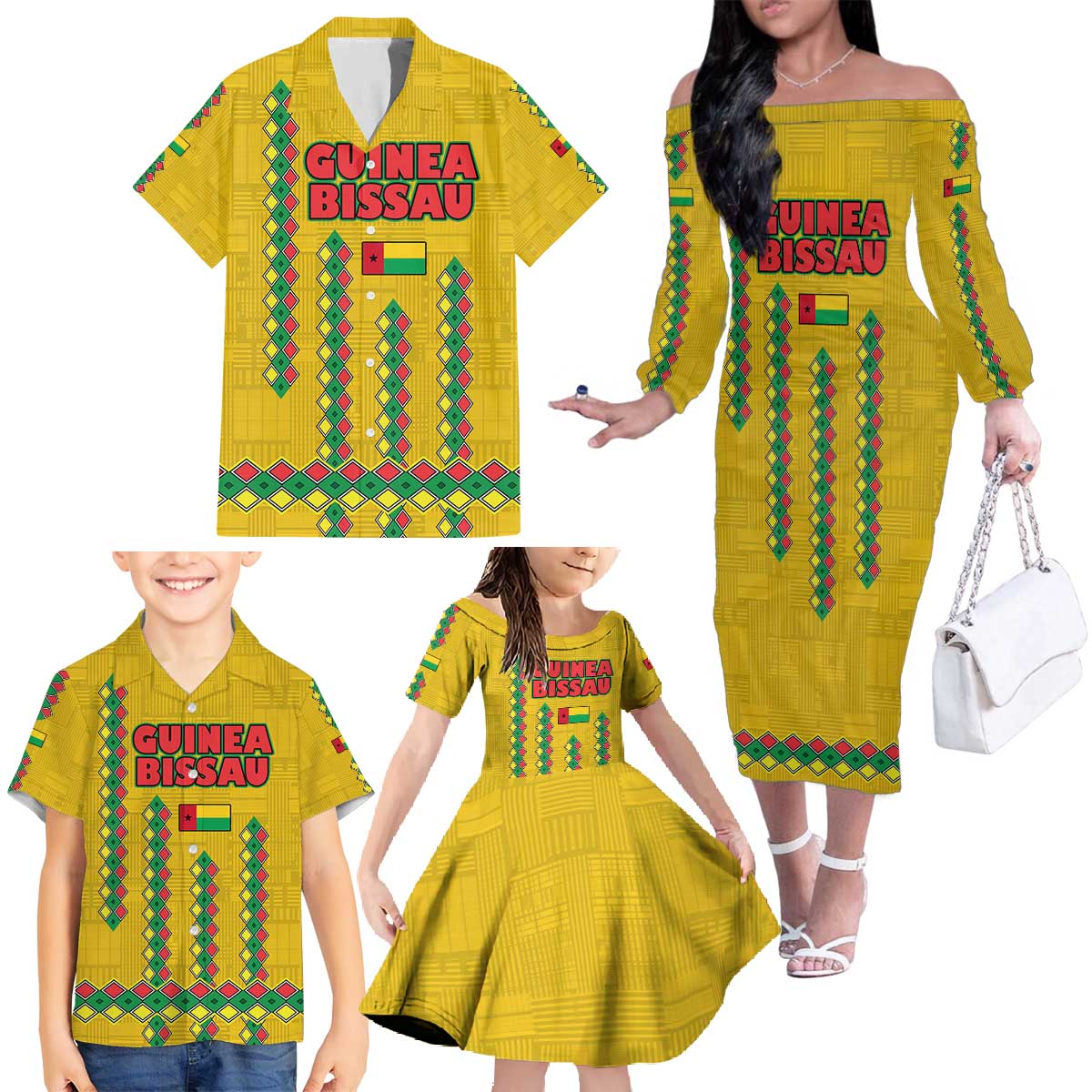 Guinea Bissau Family Matching Off The Shoulder Long Sleeve Dress and Hawaiian Shirt with Yellow Tribal Geometric Design and National Flag - Wonder Print Shop