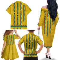 Guinea Bissau Family Matching Off The Shoulder Long Sleeve Dress and Hawaiian Shirt with Yellow Tribal Geometric Design and National Flag - Wonder Print Shop