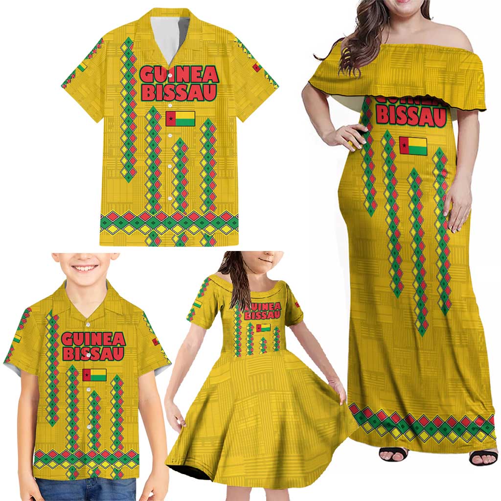Guinea Bissau Family Matching Off Shoulder Maxi Dress and Hawaiian Shirt with Yellow Tribal Geometric Design and National Flag - Wonder Print Shop