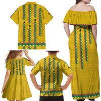 Guinea Bissau Family Matching Off Shoulder Maxi Dress and Hawaiian Shirt with Yellow Tribal Geometric Design and National Flag - Wonder Print Shop