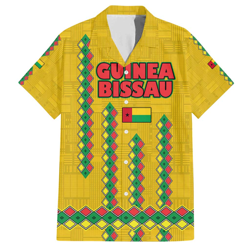 Guinea Bissau Family Matching Off Shoulder Maxi Dress and Hawaiian Shirt with Yellow Tribal Geometric Design and National Flag - Wonder Print Shop