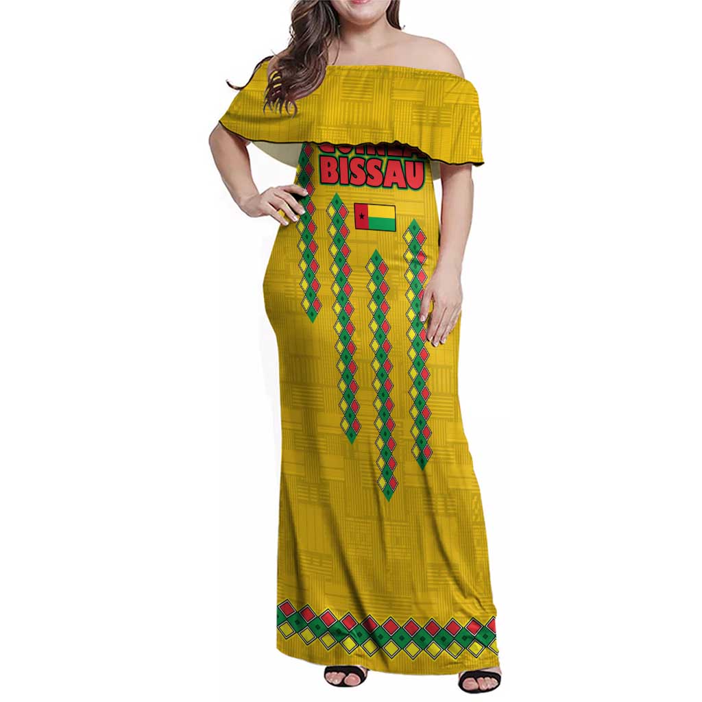Guinea Bissau Family Matching Off Shoulder Maxi Dress and Hawaiian Shirt with Yellow Tribal Geometric Design and National Flag - Wonder Print Shop