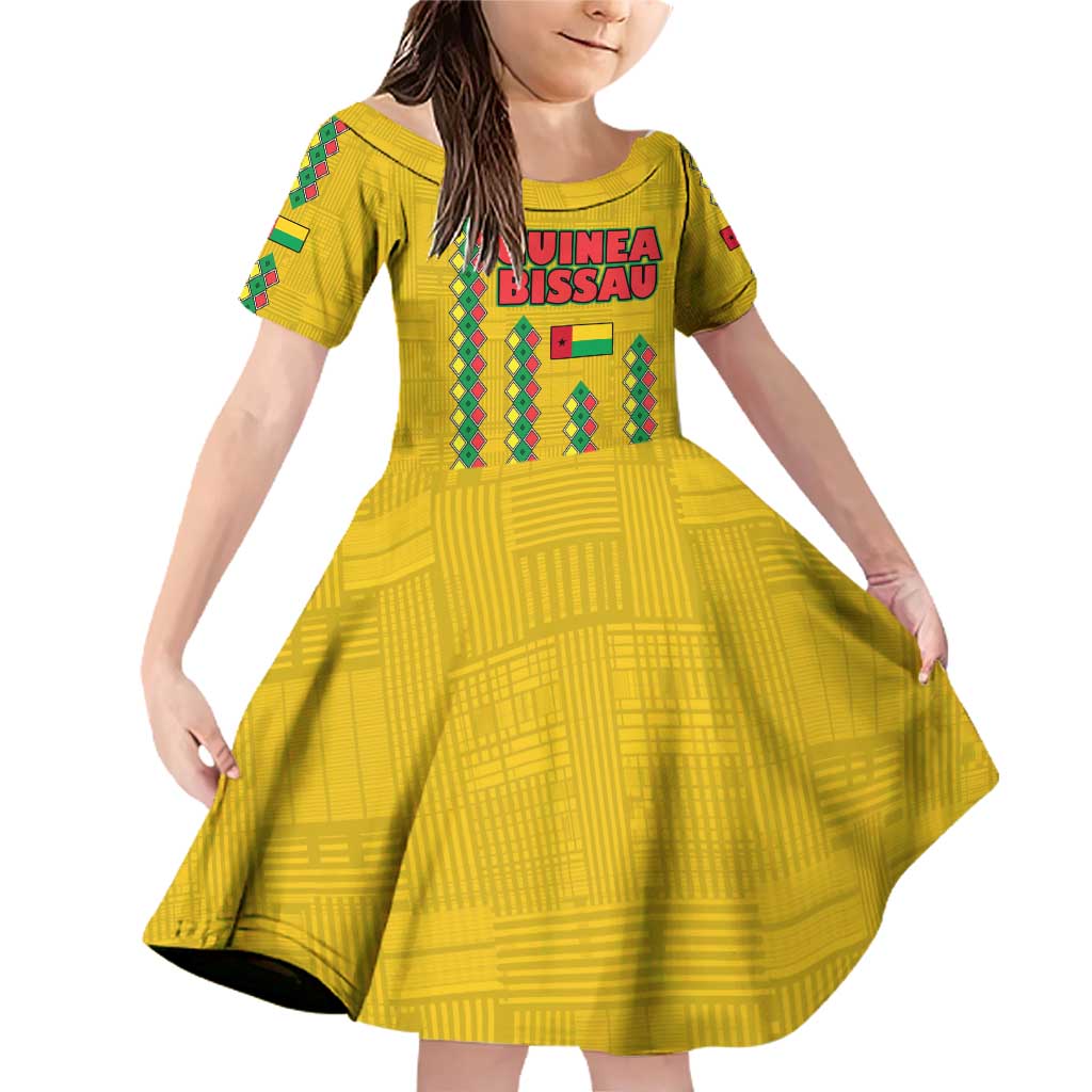 Guinea Bissau Family Matching Off Shoulder Short Dress and Hawaiian Shirt with Yellow Tribal Geometric Design and National Flag - Wonder Print Shop