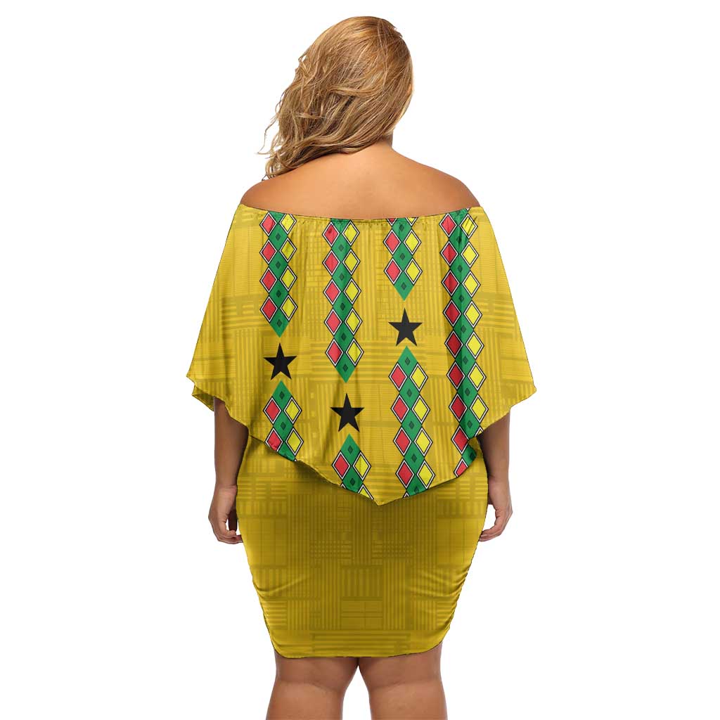 Guinea Bissau Family Matching Off Shoulder Short Dress and Hawaiian Shirt with Yellow Tribal Geometric Design and National Flag - Wonder Print Shop