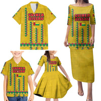Guinea Bissau Family Matching Puletasi and Hawaiian Shirt with Yellow Tribal Geometric Design and National Flag - Wonder Print Shop