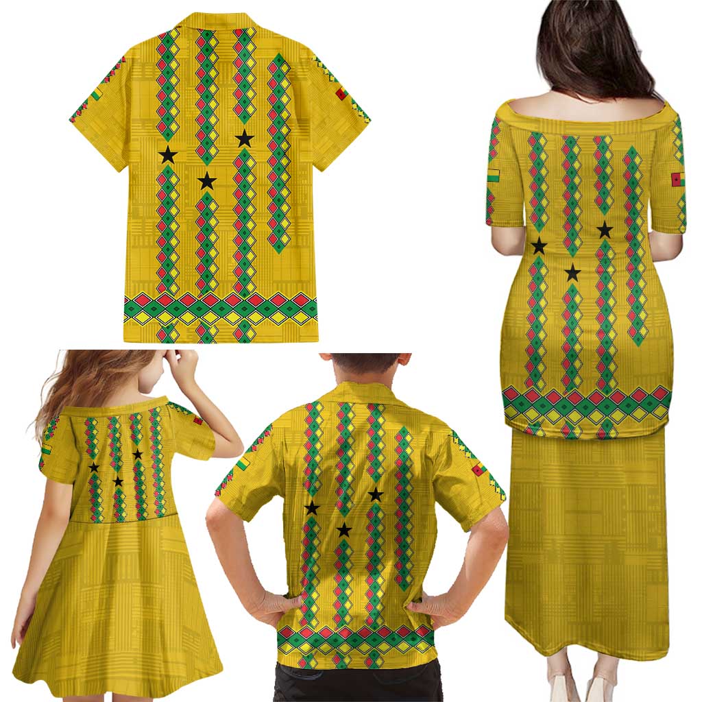 Guinea Bissau Family Matching Puletasi and Hawaiian Shirt with Yellow Tribal Geometric Design and National Flag - Wonder Print Shop