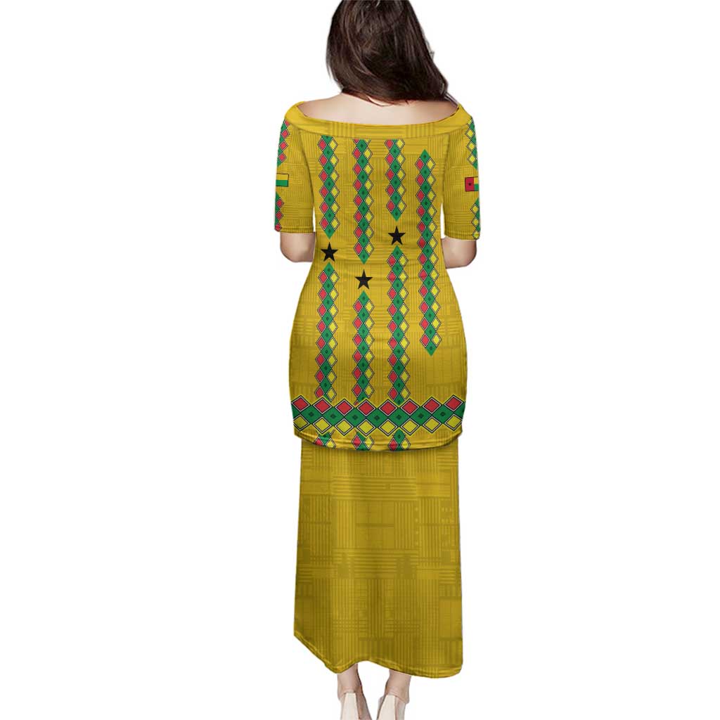 Guinea Bissau Family Matching Puletasi and Hawaiian Shirt with Yellow Tribal Geometric Design and National Flag - Wonder Print Shop