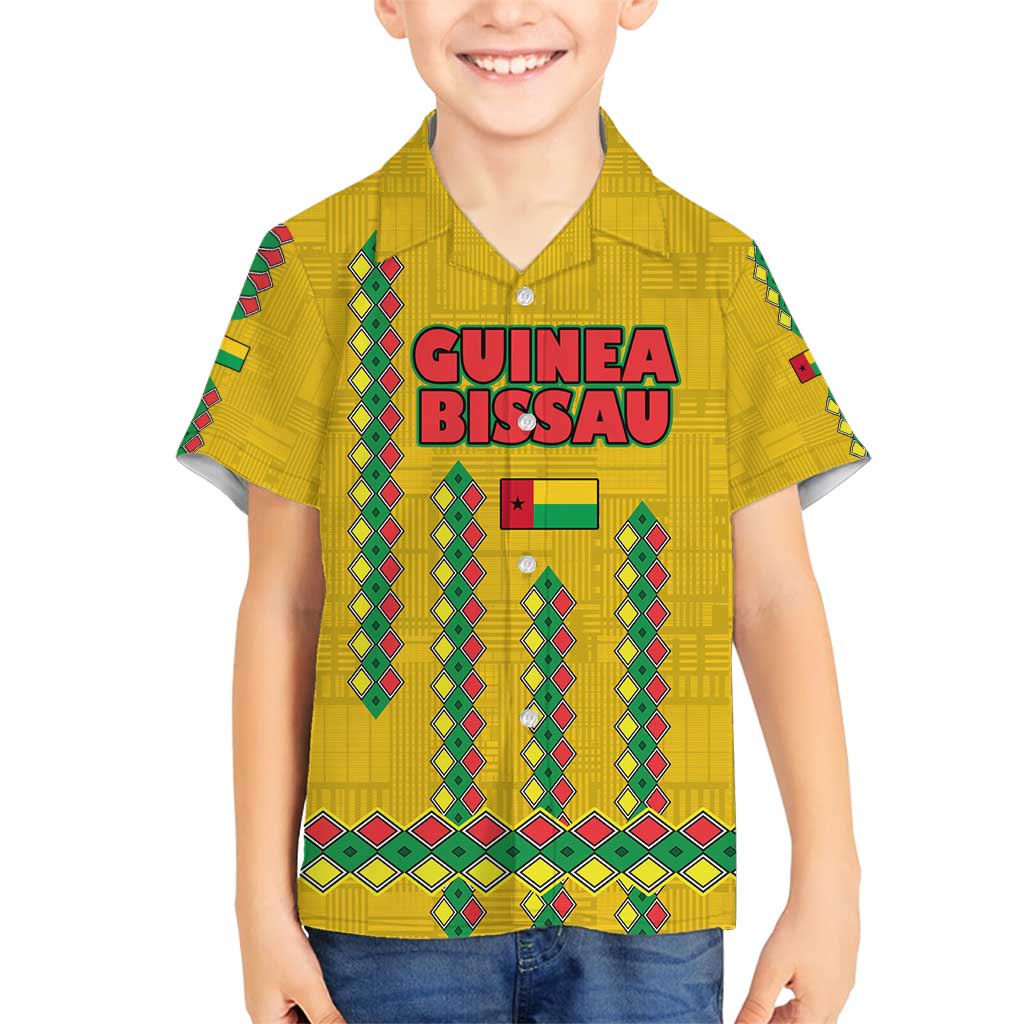 Guinea Bissau Family Matching Puletasi and Hawaiian Shirt with Yellow Tribal Geometric Design and National Flag - Wonder Print Shop