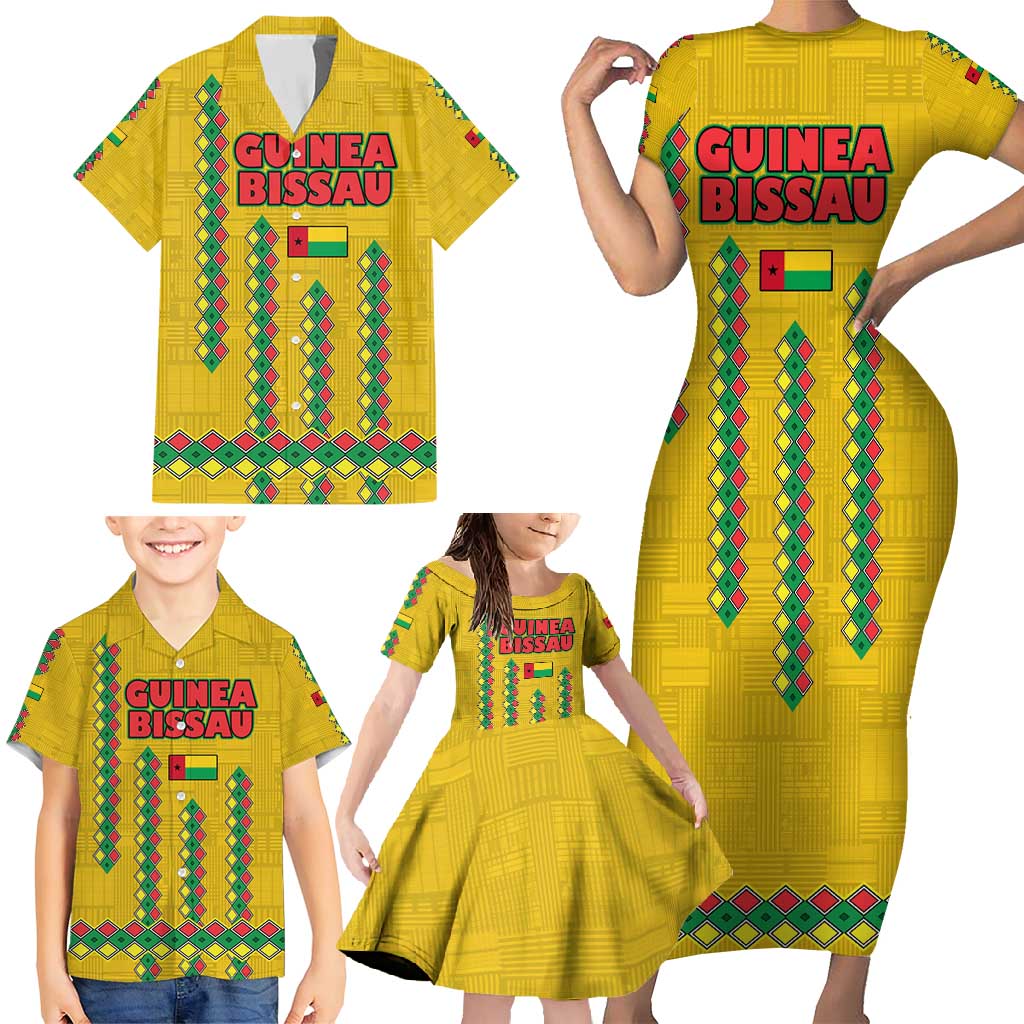 Guinea Bissau Family Matching Short Sleeve Bodycon Dress and Hawaiian Shirt with Yellow Tribal Geometric Design and National Flag - Wonder Print Shop