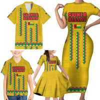 Guinea Bissau Family Matching Short Sleeve Bodycon Dress and Hawaiian Shirt with Yellow Tribal Geometric Design and National Flag - Wonder Print Shop