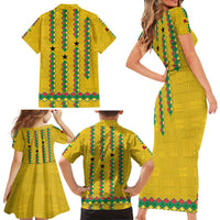 Guinea Bissau Family Matching Short Sleeve Bodycon Dress and Hawaiian Shirt with Yellow Tribal Geometric Design and National Flag - Wonder Print Shop