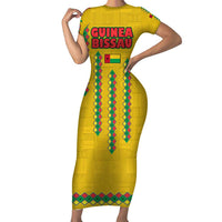 Guinea Bissau Family Matching Short Sleeve Bodycon Dress and Hawaiian Shirt with Yellow Tribal Geometric Design and National Flag - Wonder Print Shop