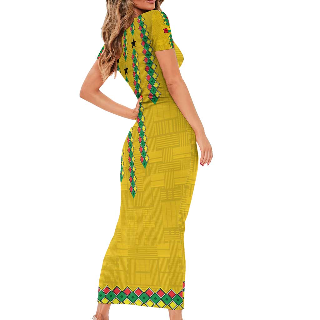 Guinea Bissau Family Matching Short Sleeve Bodycon Dress and Hawaiian Shirt with Yellow Tribal Geometric Design and National Flag - Wonder Print Shop