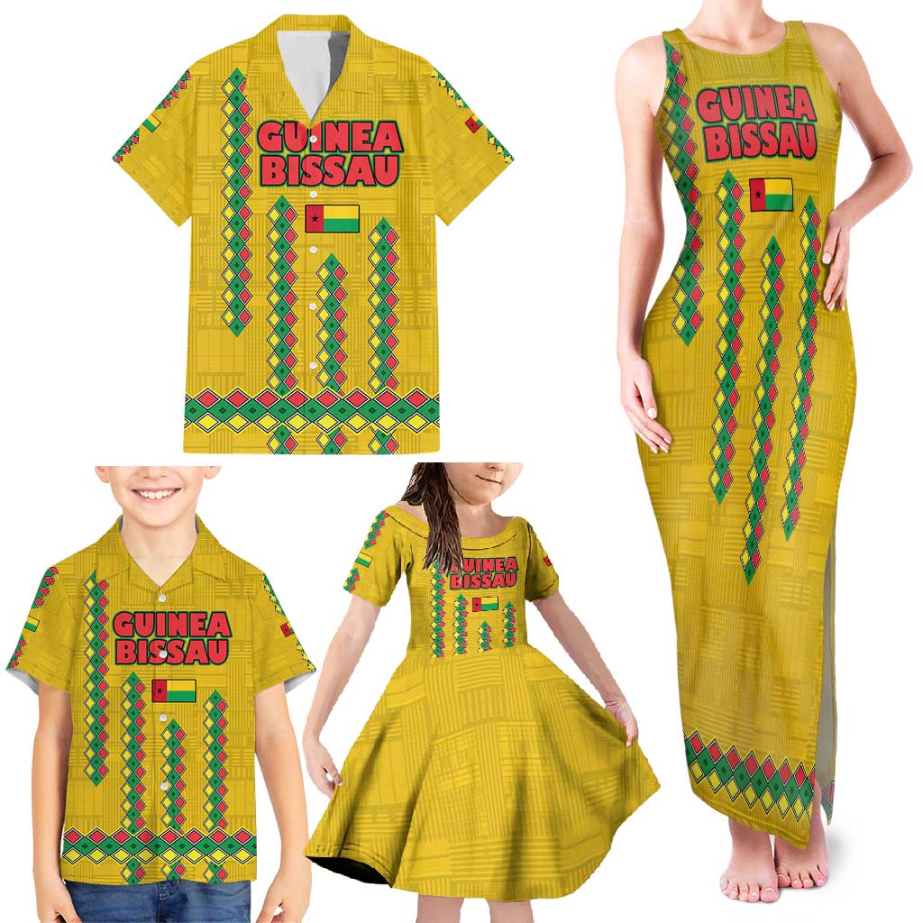 Guinea Bissau Family Matching Tank Maxi Dress and Hawaiian Shirt with Yellow Tribal Geometric Design and National Flag - Wonder Print Shop