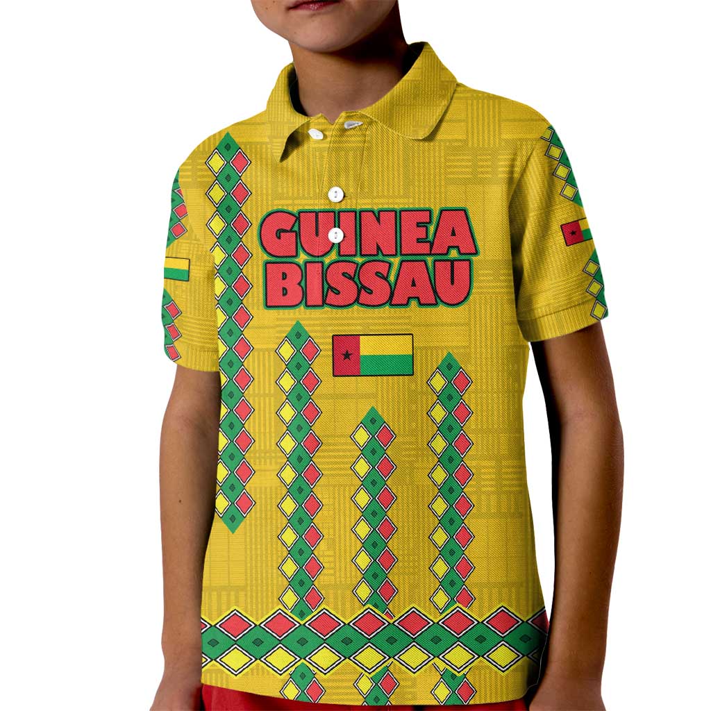 Guinea Bissau Kid Polo Shirt with Yellow Tribal Geometric Design and National Flag - Wonder Print Shop