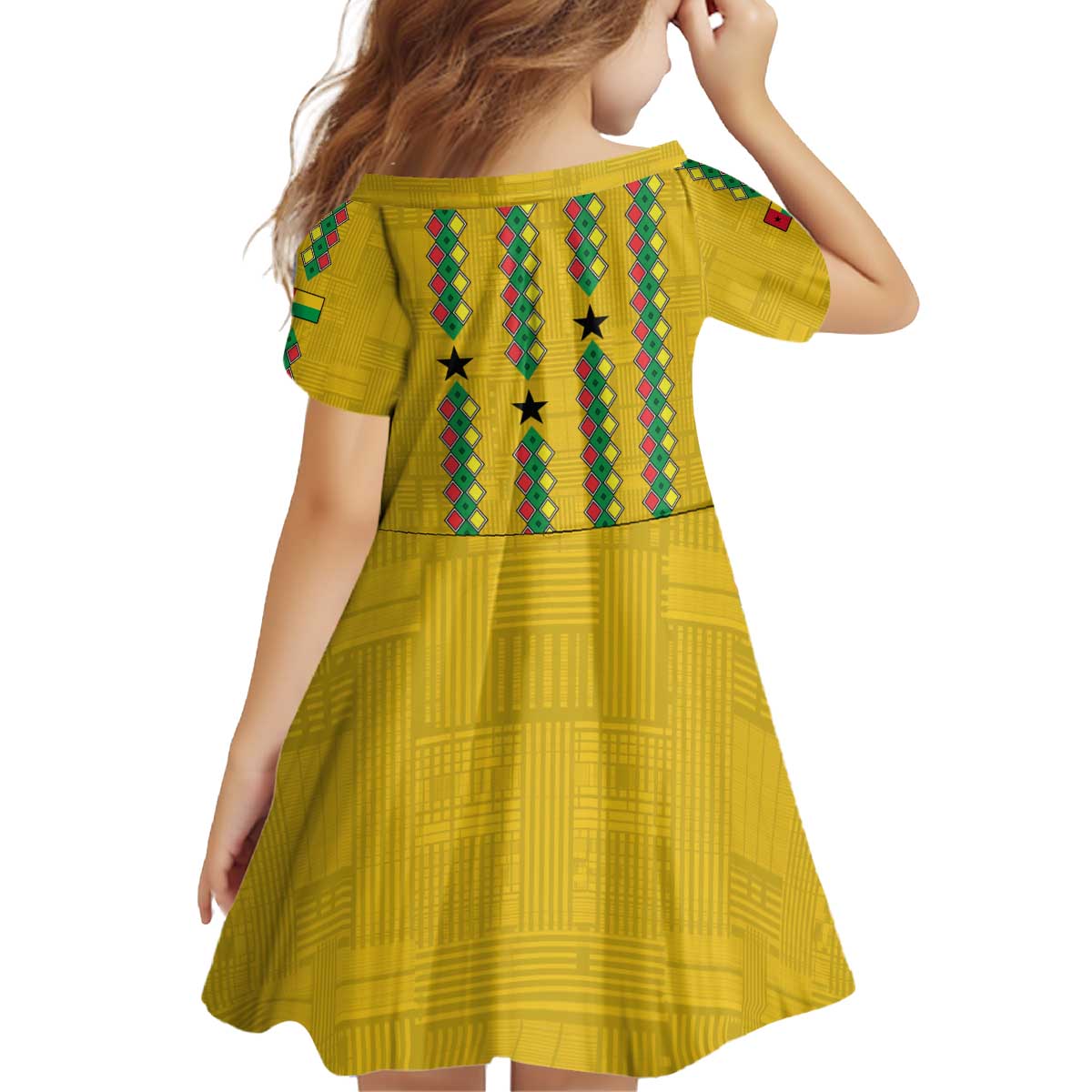 Guinea Bissau Kid Short Sleeve Dress with Yellow Tribal Geometric Design and National Flag - Wonder Print Shop