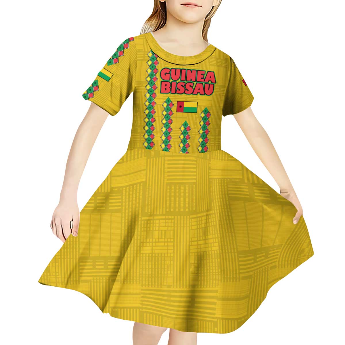 Guinea Bissau Kid Short Sleeve Dress with Yellow Tribal Geometric Design and National Flag - Wonder Print Shop