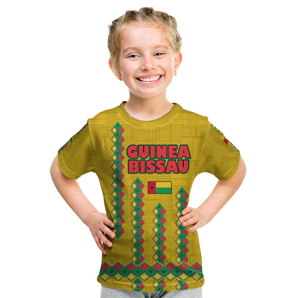 Guinea Bissau Kid T Shirt with Yellow Tribal Geometric Design and National Flag - Wonder Print Shop