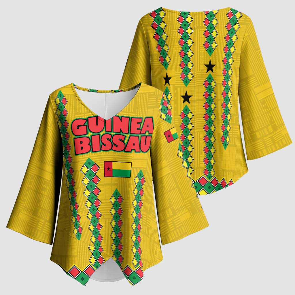 Guinea Bissau Kimono Sleeve Blouse with Yellow Tribal Geometric Design and National Flag - Wonder Print Shop
