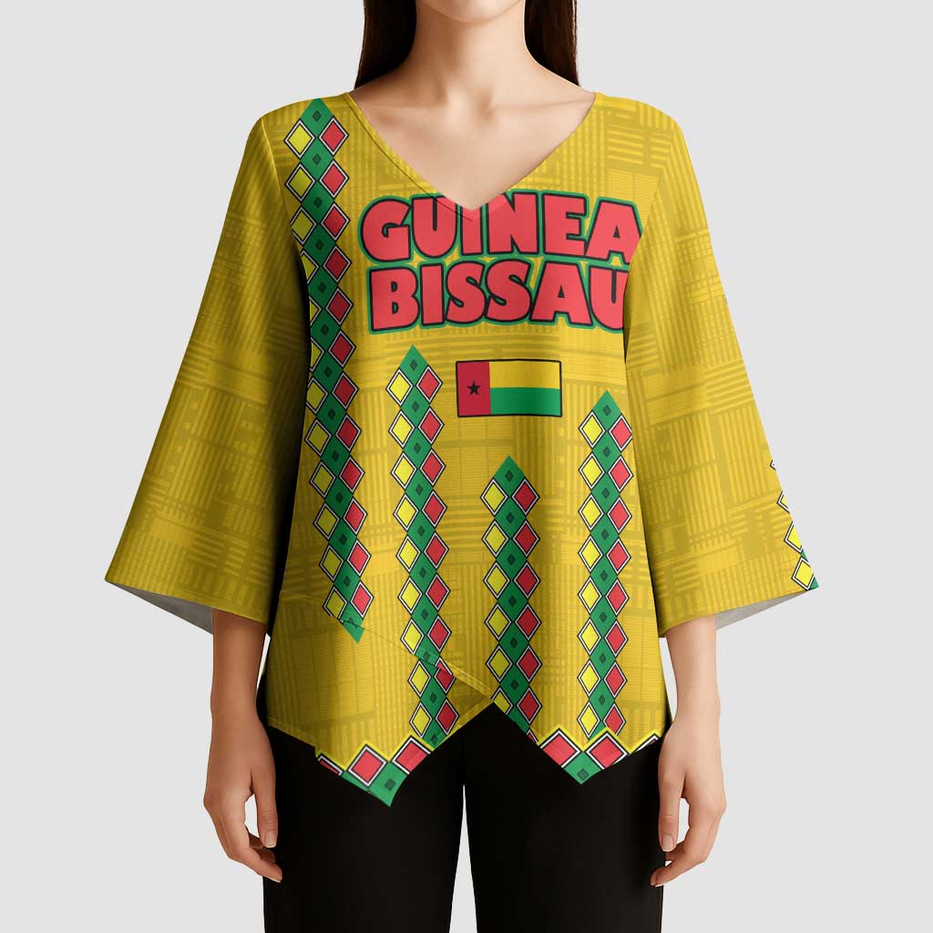 Guinea Bissau Kimono Sleeve Blouse with Yellow Tribal Geometric Design and National Flag - Wonder Print Shop