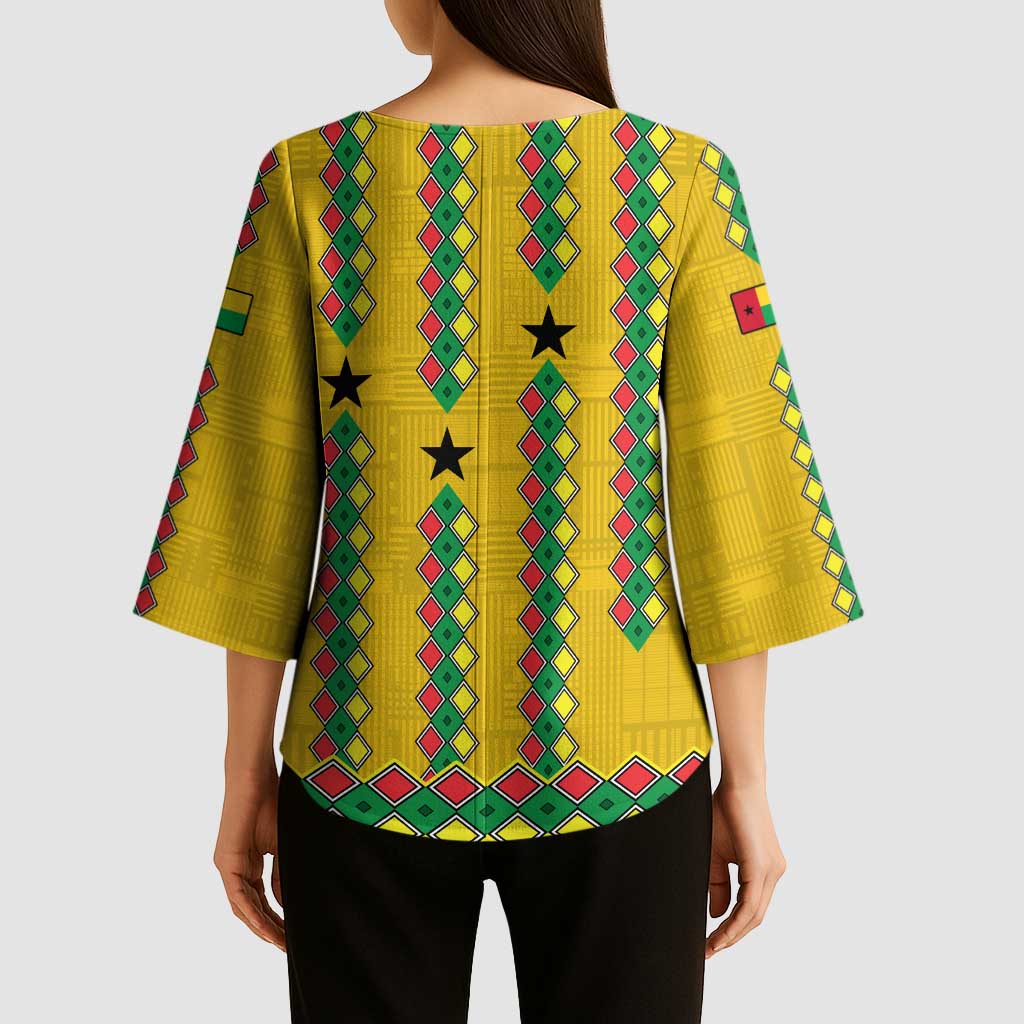 Guinea Bissau Kimono Sleeve Blouse with Yellow Tribal Geometric Design and National Flag - Wonder Print Shop