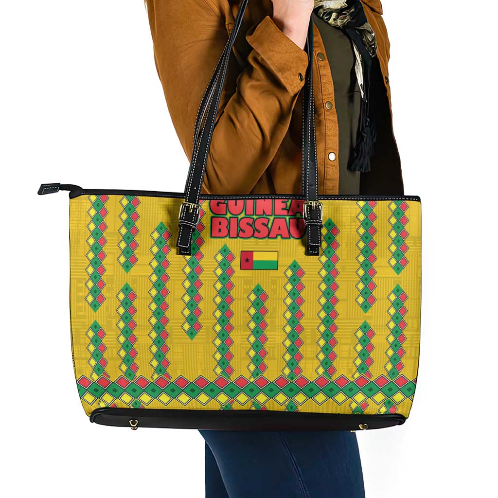 Guinea Bissau Leather Tote Bag with Yellow Tribal Geometric Design and National Flag - Wonder Print Shop