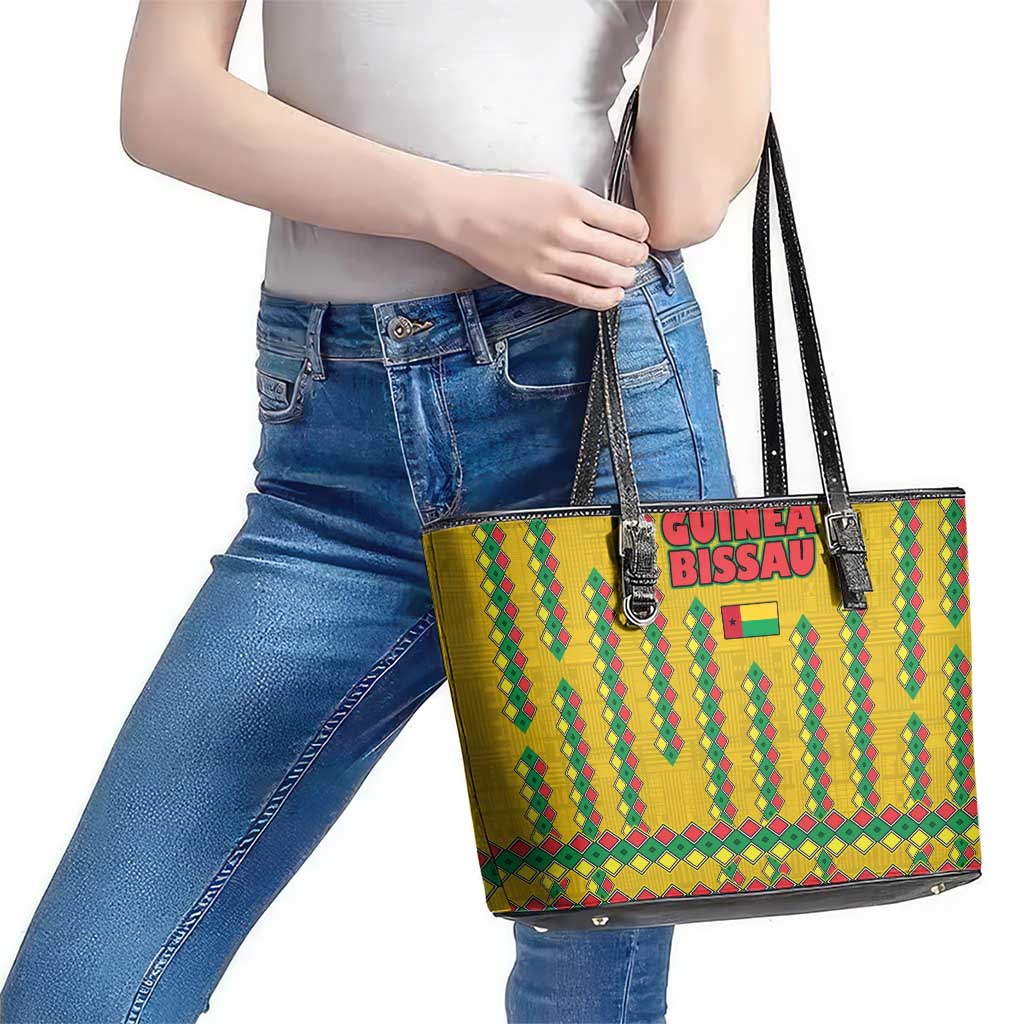 Guinea Bissau Leather Tote Bag with Yellow Tribal Geometric Design and National Flag - Wonder Print Shop