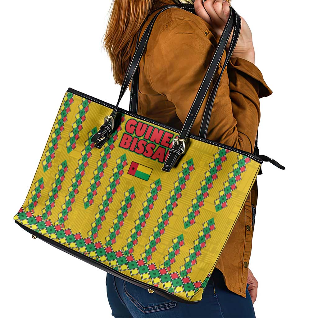 Guinea Bissau Leather Tote Bag with Yellow Tribal Geometric Design and National Flag - Wonder Print Shop